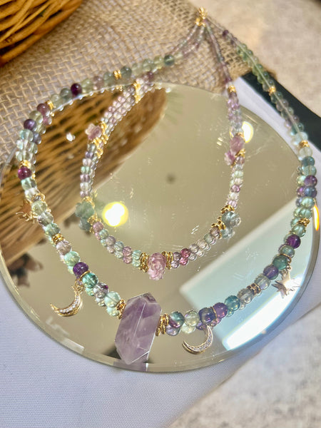 Fluorite Double necklace with amethyst pendant