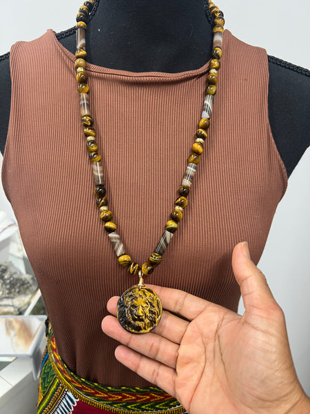 King lion tiger eye and DZI agate necklace