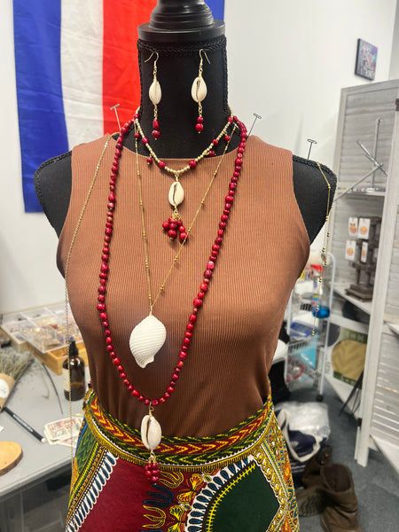 Golden red pearls and cowrie shell necklace/choker