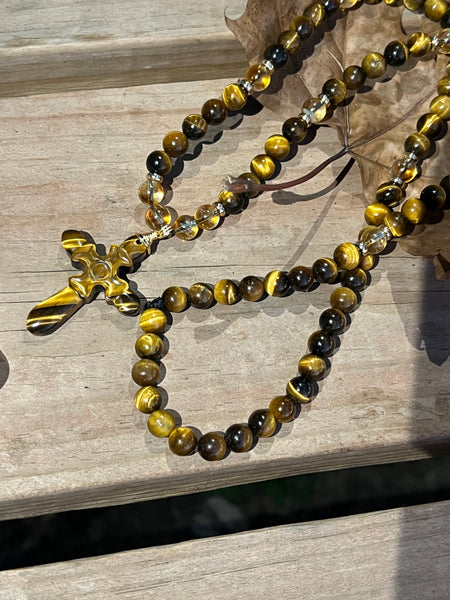Tiger eye/citrine carved cross necklace