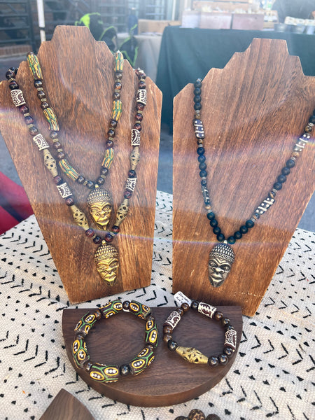 10mm Red tiger eye, Krobo beads & handmade brass necklace