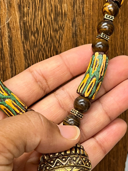 Krobo beads and Iron Opal necklace with African ancestor mask