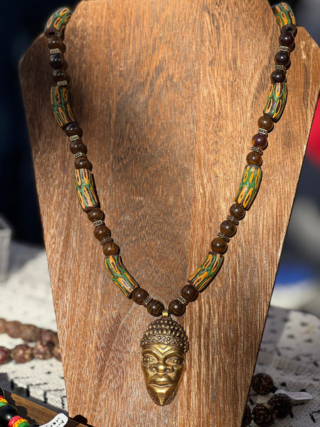 Krobo beads and Iron Opal necklace with African ancestor mask