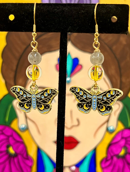 Black, Blue, & Yellow Celestial Butterfly earrings