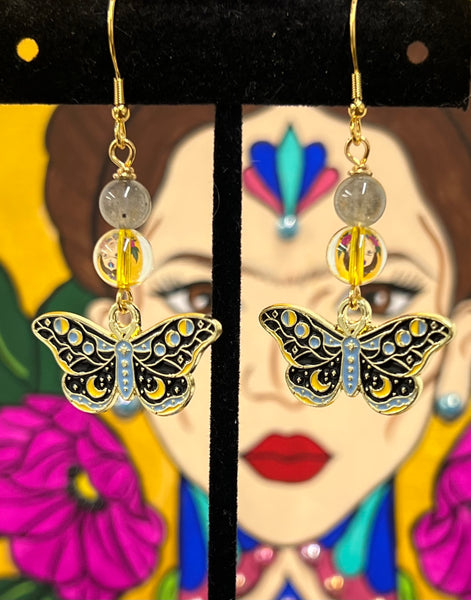 Black, Blue, & Yellow Celestial Butterfly earrings