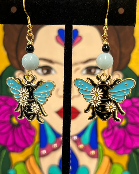 Black Scarab with Turquoise Blue Wings earrings