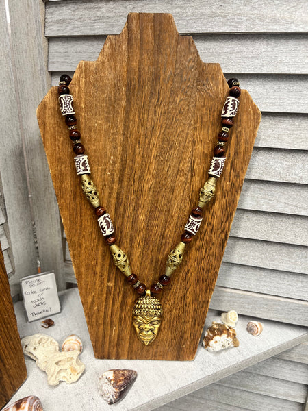 10mm Red tiger eye, Krobo beads & handmade brass necklace