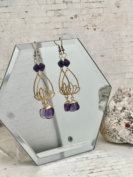 Lotus tear drop amethyst earrings