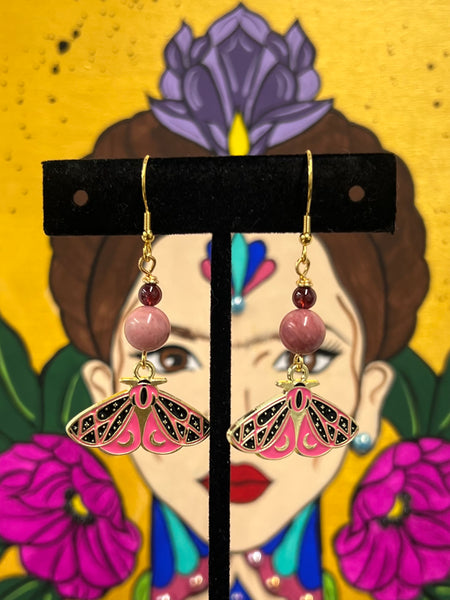 Black & Pink Moth Crescent Moon earrings