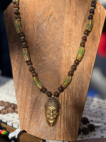 Krobo beads and Iron Opal necklace with African ancestor mask
