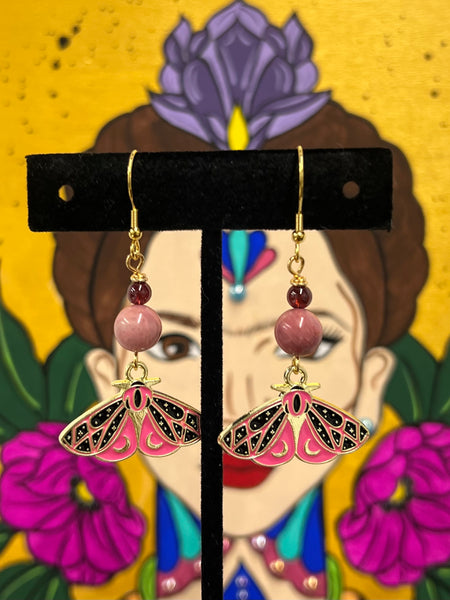 Black & Pink Moth Crescent Moon earrings