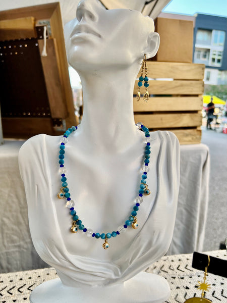 Blue apatite and clear quartz evil eye choker