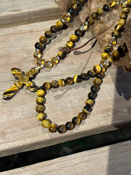 Tiger eye/citrine carved cross necklace