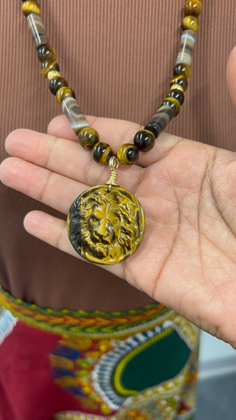 King lion tiger eye and DZI agate necklace