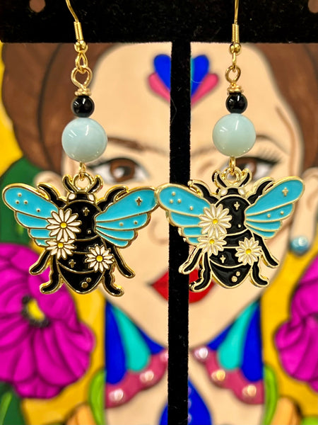 Black Scarab with Turquoise Blue Wings earrings