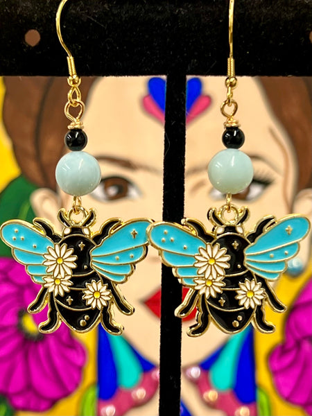 Black Scarab with Turquoise Blue Wings earrings