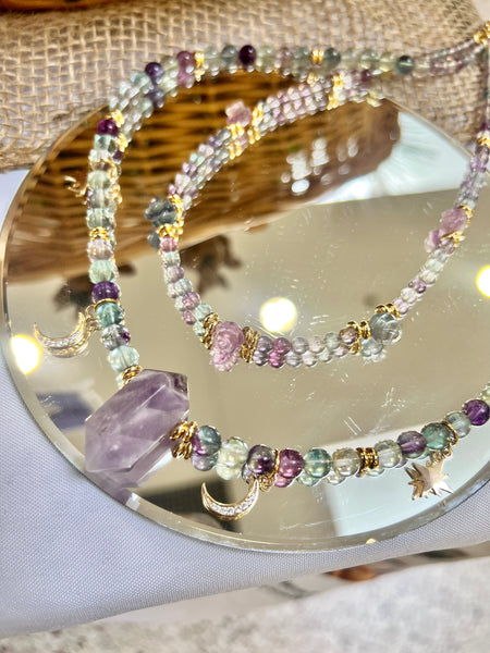 Fluorite Double necklace with amethyst pendant