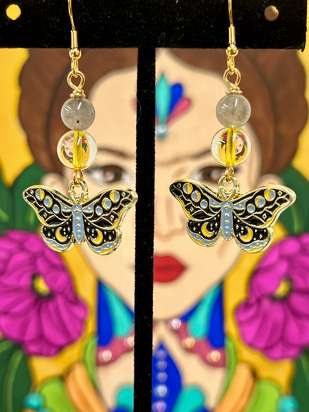 Black, Blue, & Yellow Celestial Butterfly earrings