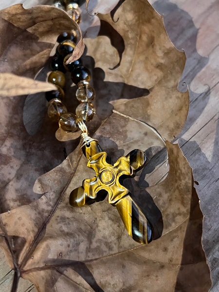 Tiger eye/citrine carved cross necklace