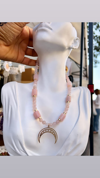 Rose quartz and moon necklace