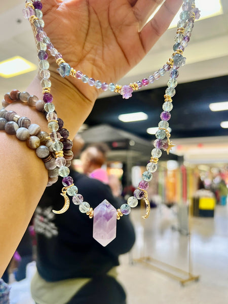 Fluorite Double necklace with amethyst pendant