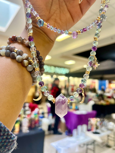 Fluorite Double necklace with amethyst pendant