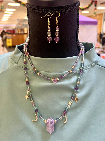 Fluorite Double necklace with amethyst pendant