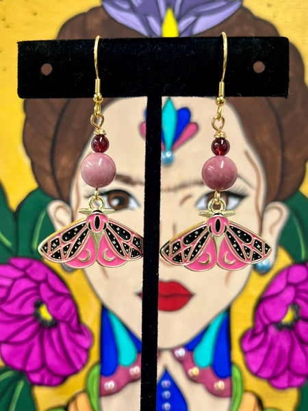 Black & Pink Moth Crescent Moon earrings