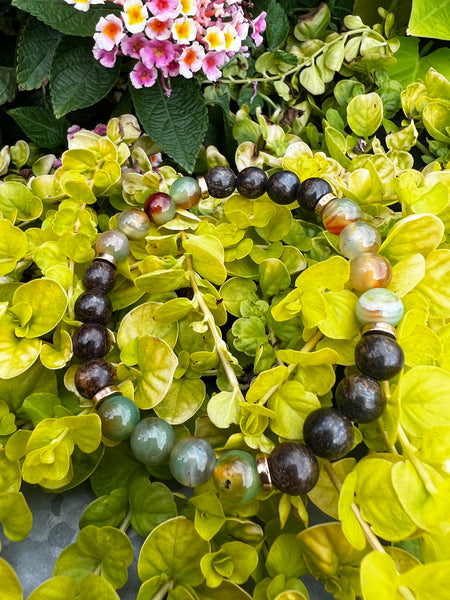 Bronzite and peacock agate bracelet