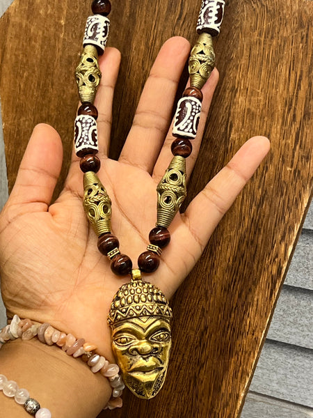 10mm Red tiger eye, Krobo beads & handmade brass necklace