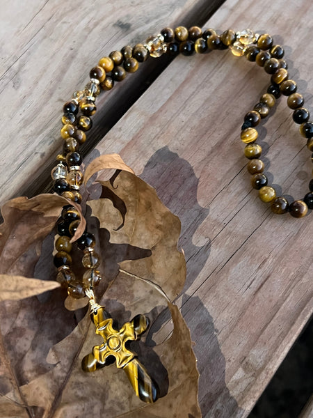 Tiger eye/citrine carved cross necklace