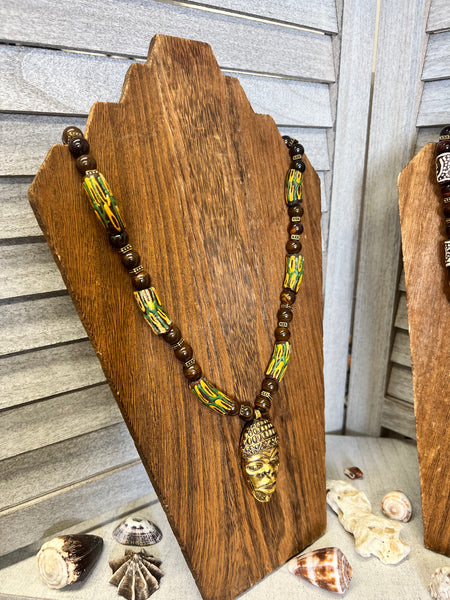 Krobo beads and Iron Opal necklace with African ancestor mask