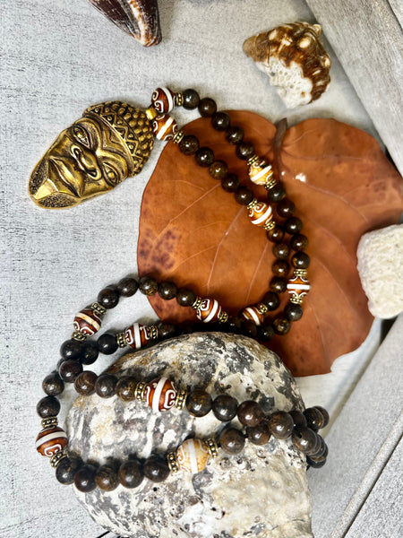 Bronzite and DZI agate with ancestor mark pendant