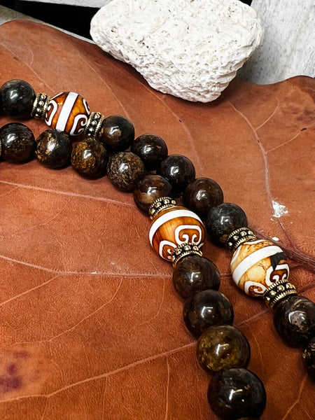 Bronzite and DZI agate with ancestor mark pendant