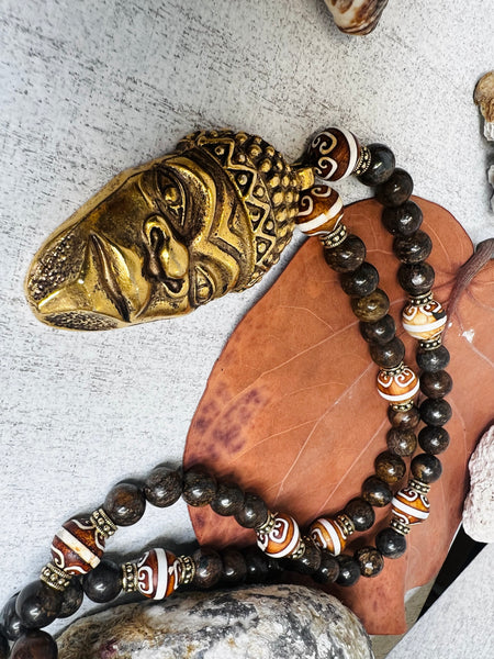 Bronzite and DZI agate with ancestor mark pendant