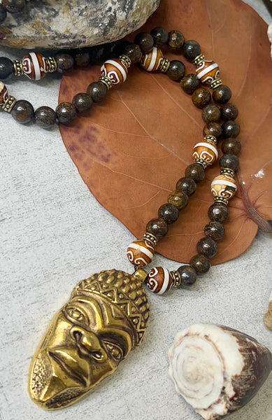 Bronzite and DZI agate with ancestor mark pendant