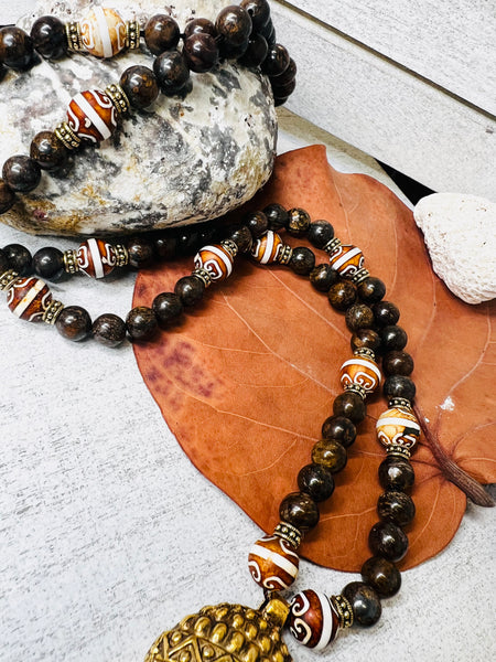 Bronzite and DZI agate with ancestor mark pendant