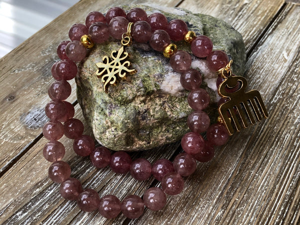 Adinkra Charm & Strawberry Quartz bracelet