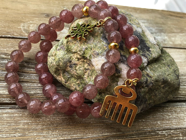 Adinkra Charm & Strawberry Quartz bracelet