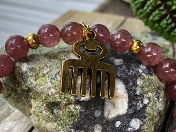 Adinkra Charm & Strawberry Quartz bracelet