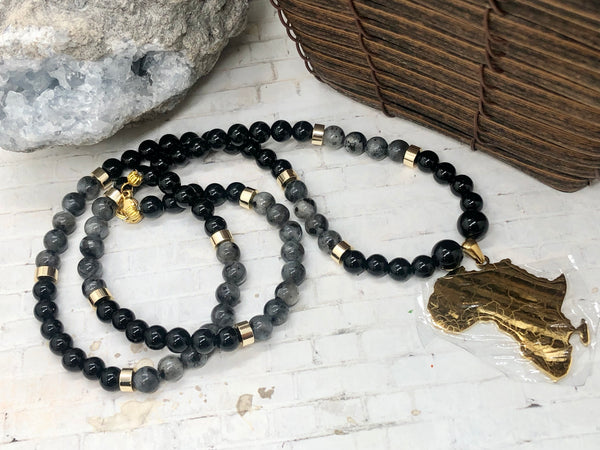 18k gold plated AFRICA pendant with Black labradorite & Onyx