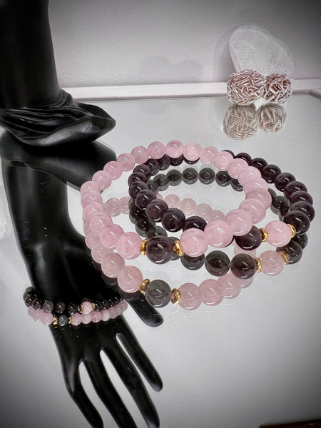 Obsidian and rose quartz couple set