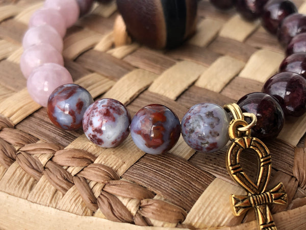 Kunzite, Lightening agate & Red garnet 8mm + Ankh Charm bracelet