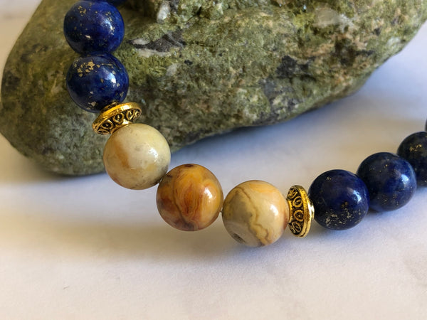 Lapis Lazuli & Yellow crazy lace Agate with Adinkra charm