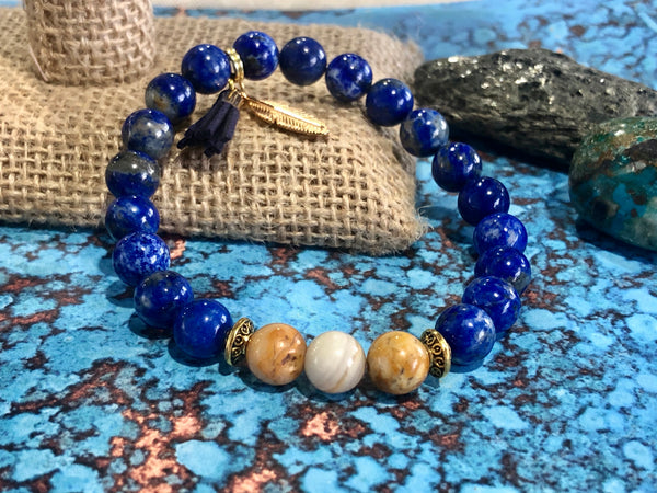 Lapis Lazuli & yellow Crazy Lace Agate 8mm bracelet