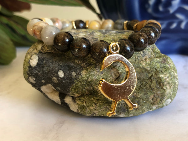 Yellow crazy lace agate & Bronzite bracelet with Sankofa Bird