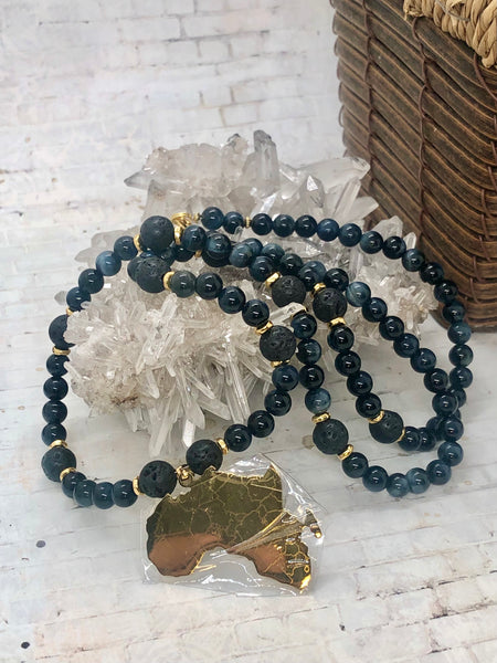 18k gold plated AFRICA pendant & 6mm blue tiger eye & lava beads