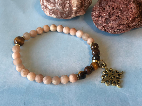 Matte Moonstone & Tiger eye with Adinkra Charm 6mm
