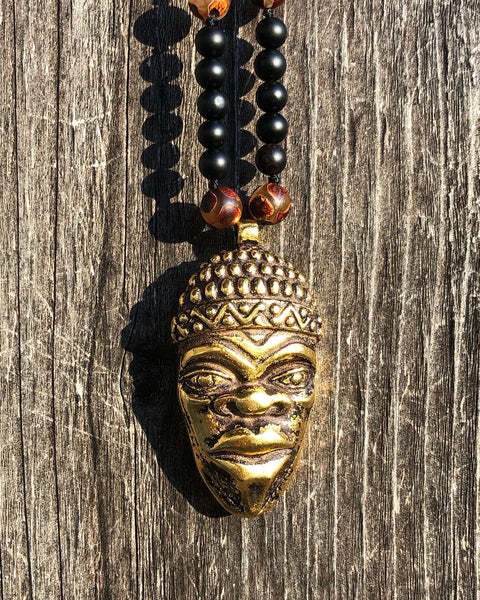 Black Onyx, Dzi agate Mala with African mask pendant