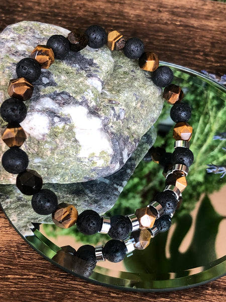 Faceted tiger eye & lava beads